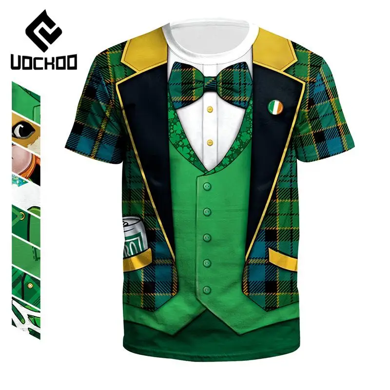 

Fake Two Pieces Couple T-Shirts St. Patrick's Day Costume Lucky Irish Clover Tee Holiday Party Cosplay Tops Spoof Clothes