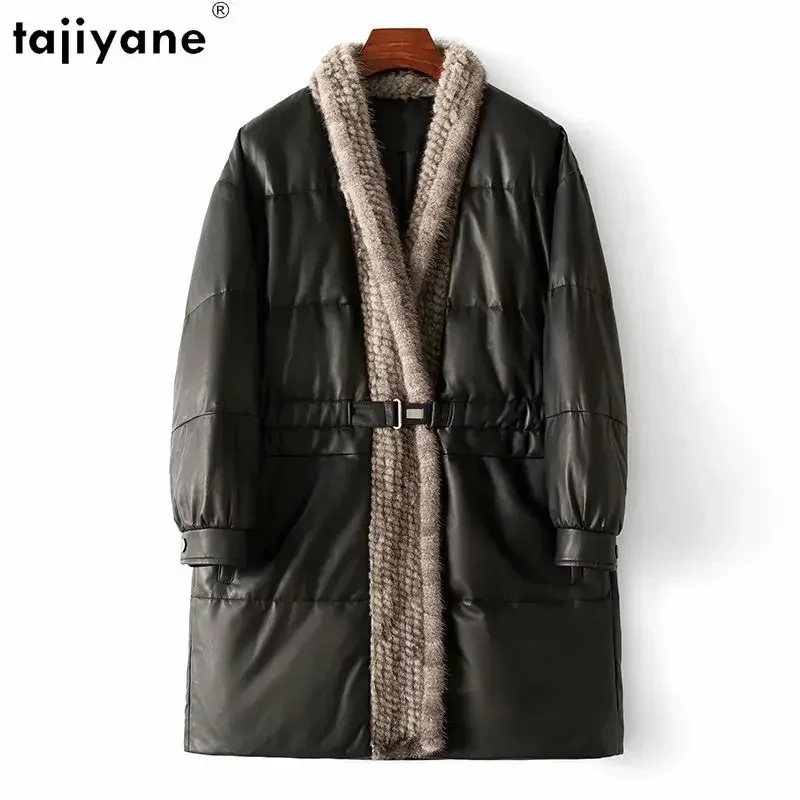 Tajiyane-Doudoune d'hiver en cuir véritable pour femme, manteau en duvet de canard blanc, peau de mouton véritable, col en fourrure de vison