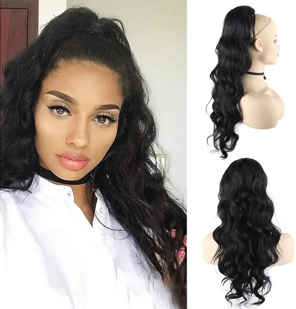 Brazilian Body Wave Ponytail Human Hair Magic Paste Wrap Around Ponytail Clip In Hair Extension Natural Color 18inch