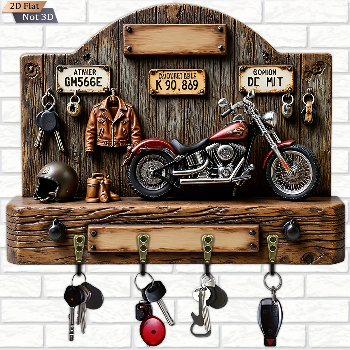 2D plano, 1 pieza, gancho para llaves estilo motocicleta, colgador de llaves doméstico multifuncional de madera, con cuatro ganchos de metal, decoración de pared,