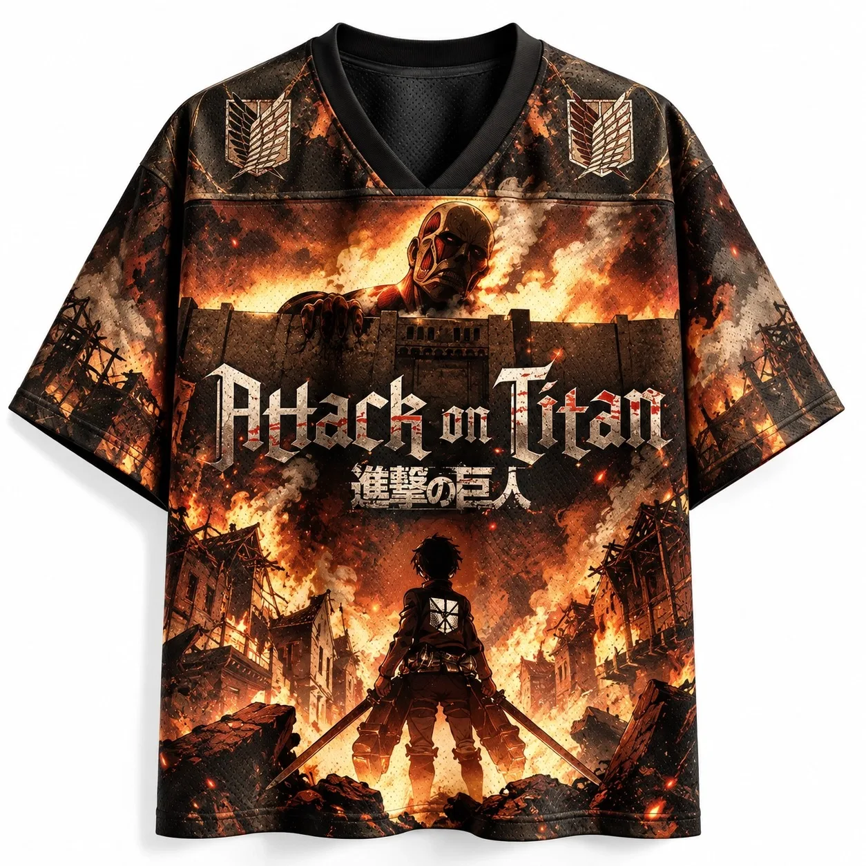 Trendy Unisex V Neck Attack on Titan Full Print Jersey Short Sleeve Top Ideal For Night Out And Casual Street Style Looks