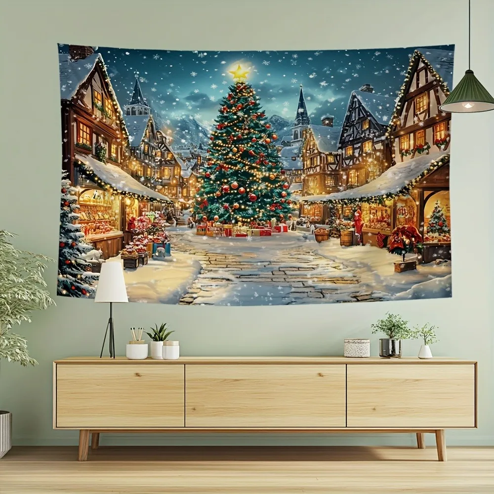 2D Flat, 1pc Large European Alps Winter Village Wall Tapestry - Self-Lit Snowfall Effect Christmas Backdrop with Twinkling Light