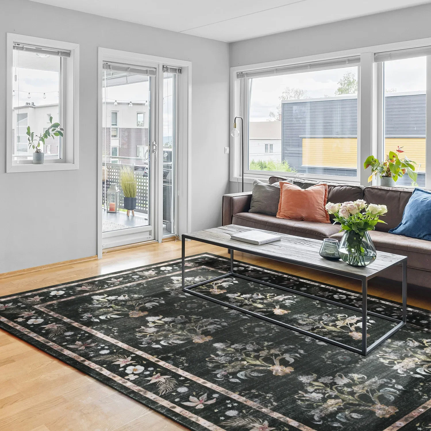 

Коврик для гостиной, винтажный ковер, напольный ковер для столовой, нескользящая подложка, мягкий офисный коврик с цветочным принтом и низким ворсом