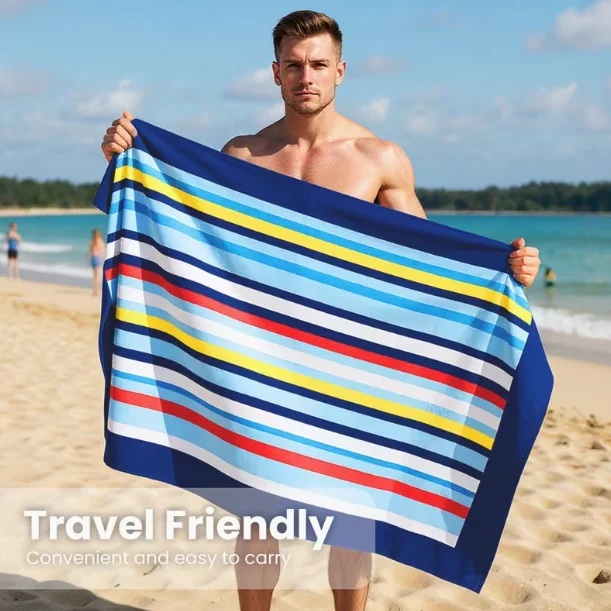 Blue Striped Beach Towel Quick Dry Soft Absorbent Travel Towel_voghion.com