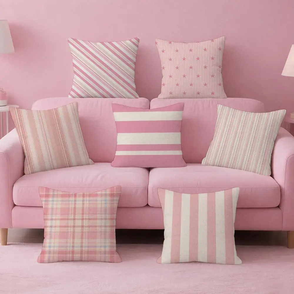 Art Pink Stripes Art Cushion Cover Pink Linen Textured Double Sided Cushion Cover with Invisible Zipper for Home Decor