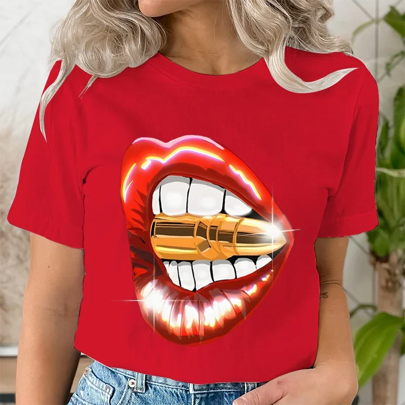 Summer Clothing Lips Biting The Bullet Fashion Women Tee T-shirts Casual Short Sleeve Tops Female Graphic T Shirt Black Clothes