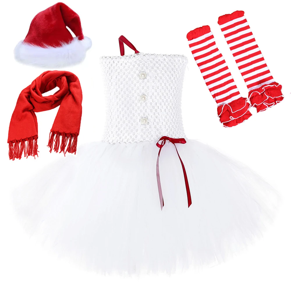 White Snowman Costume for Girls Christmas Carnival Tutu Dress with Scarf Socks Hat Children New Year Outfit Xmas Holiday Clothes