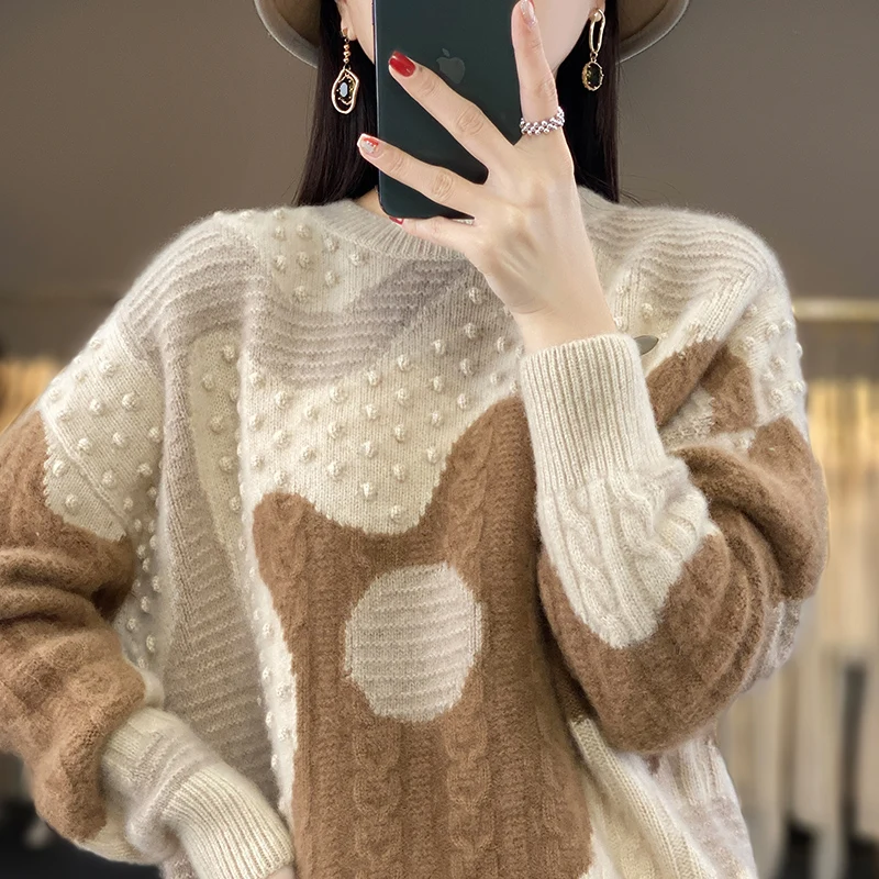 Autumn and Winter 100 Pure Cashmere Sweater Women's Round Neck Pullover Thick Matching Color Sweater Loose Fashion Wool Knit Bas