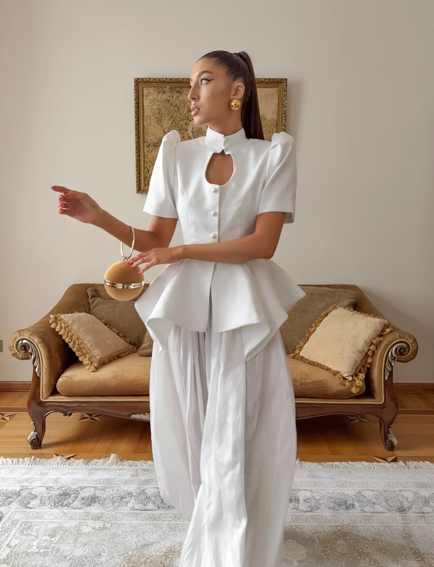 Spring Chic Women Peplum Blazer Elegant High Neck Cutout Puff Sleeves Asymmetric Ruffled Hem Coat Lady Fashion Streetwear