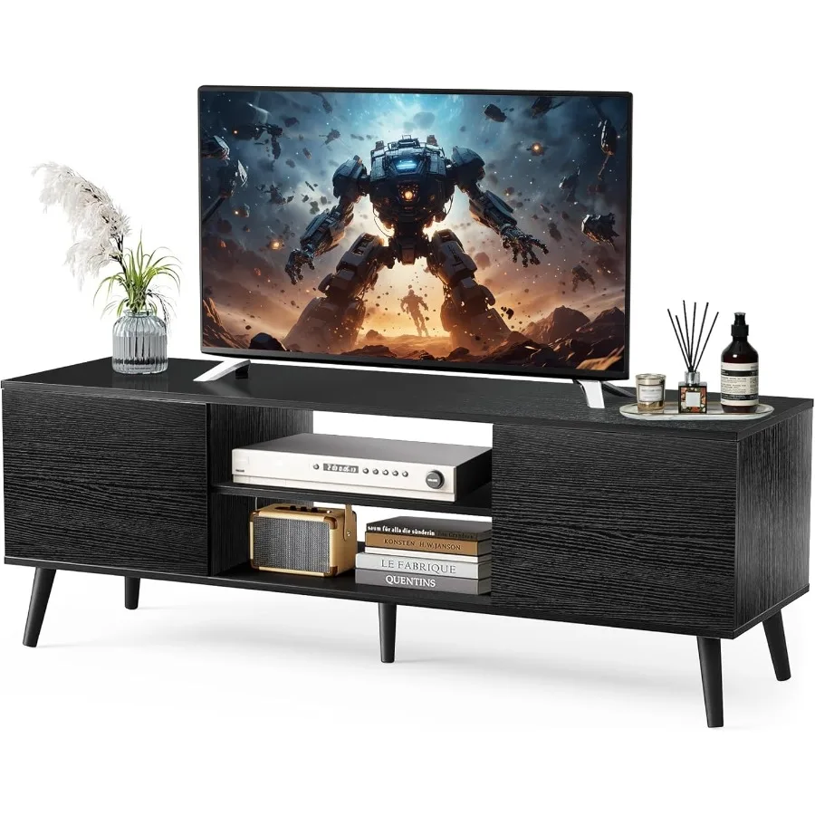 

TV Stand for 55-60 Inch TV Black Wood Modern Entertainment Center with 2 Cabinets Storage for Bedroom Office Living Room Furnit