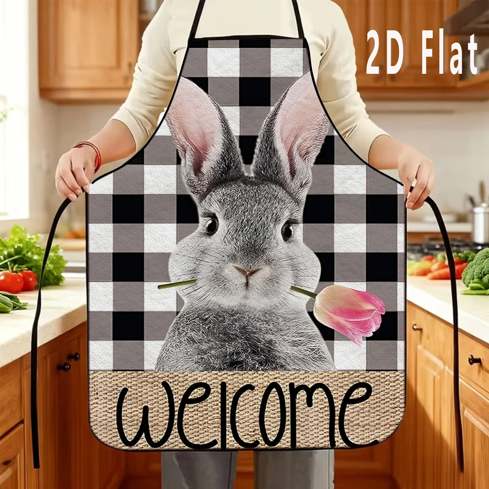 

1pc 2D Flat Cute Rabbit and Floral Print Apron, 60x80cm, Kitchen/Restaurant Apron, BBQ Apron, Durable and Easy to Clean
