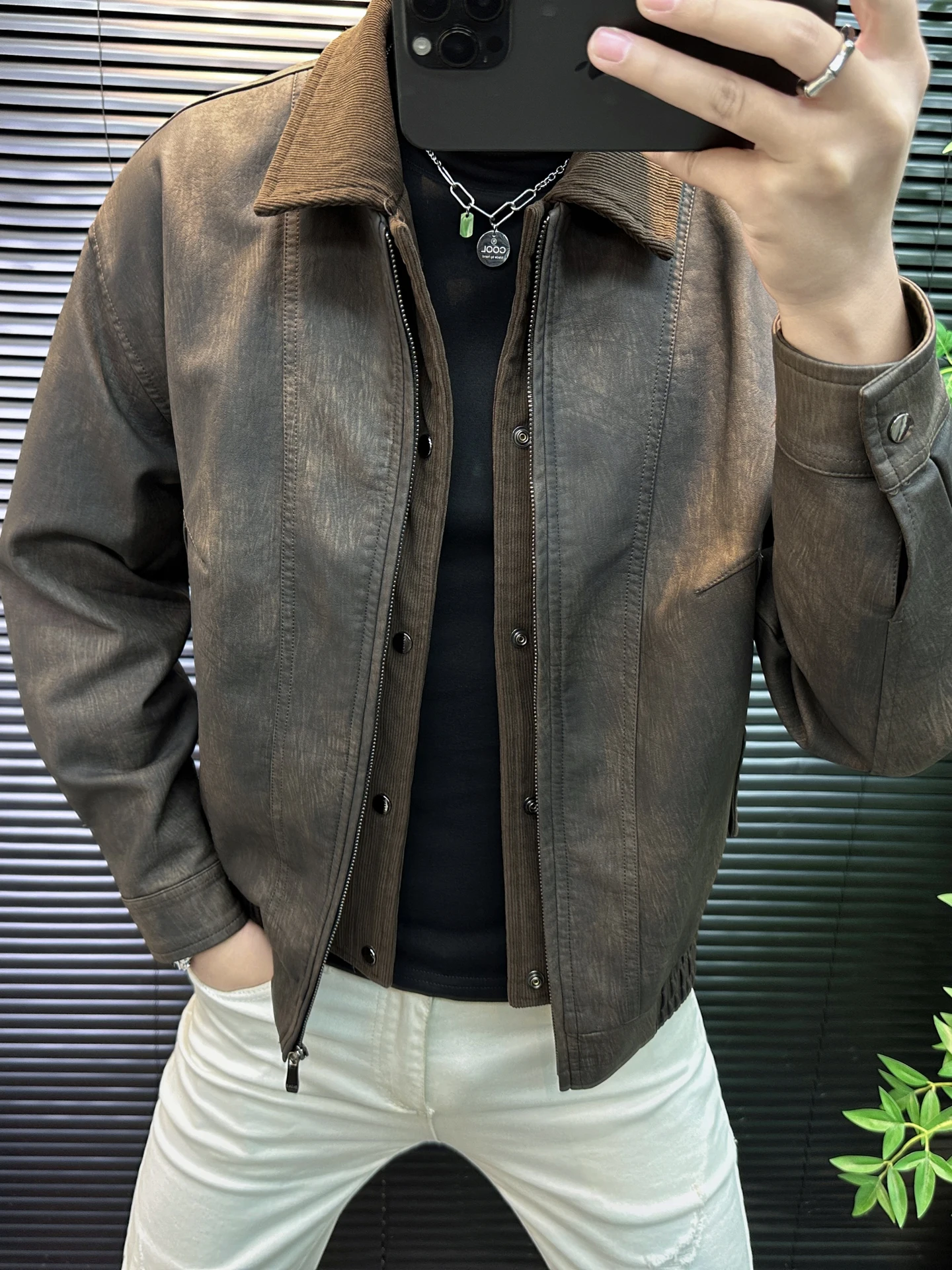 

Retro Collar Faux Leather Jaet Men's Faion Casual Patchwork Outerwear Autumn Winter New Sle Youth Warm Zipper Closure