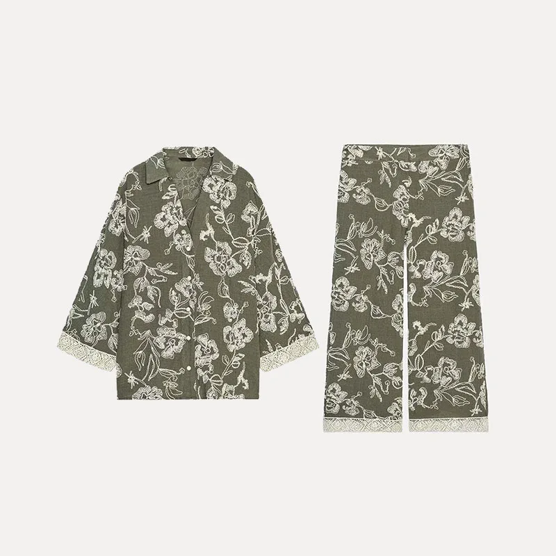 

2025 Spring New Women's Embroidered Lace Cuff irt Long Pants Z Polyester Fiber Faion Set