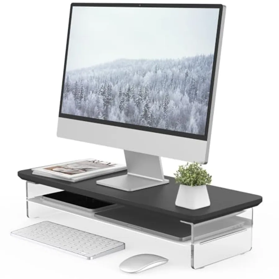 Acrylic monitor stand for desk use clear material 23.6 inch size 2-tier design with metal storage lightweight and sturdy laptop