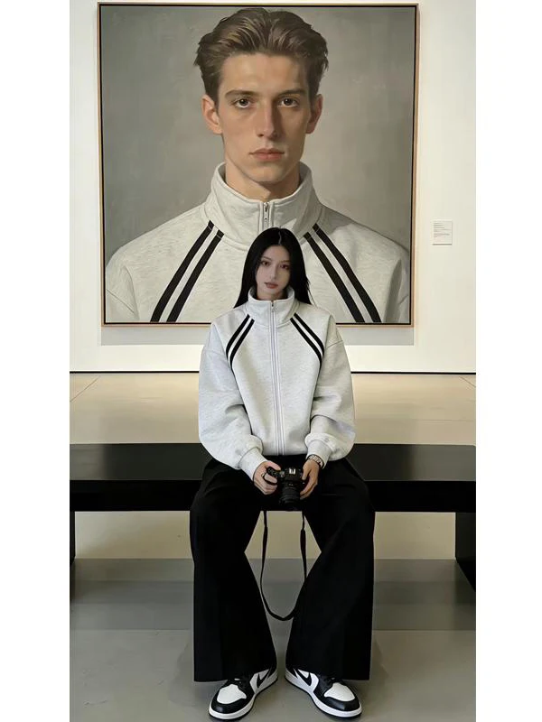 American Stripe Zipper Collar Sweatshirt Unisex Spring Trendy Patchwork Design Sports Striped Open Cardigan Jacket