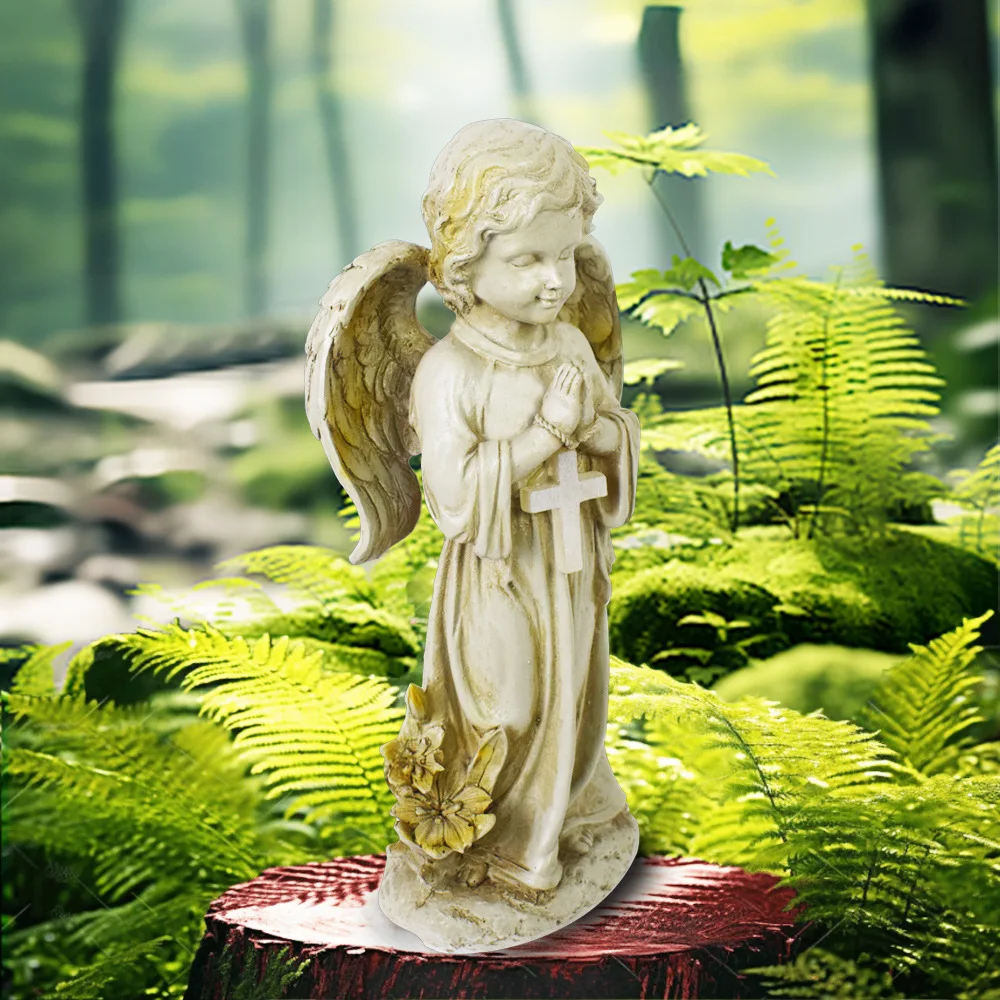 Solar Garden Decor Outdoor Statue, Solar Angel Statues Outside Garden, Solar Resin Prayer Angel with Flower Ornament Light, for Yard Patio Porch Balcony Home Decor view 5