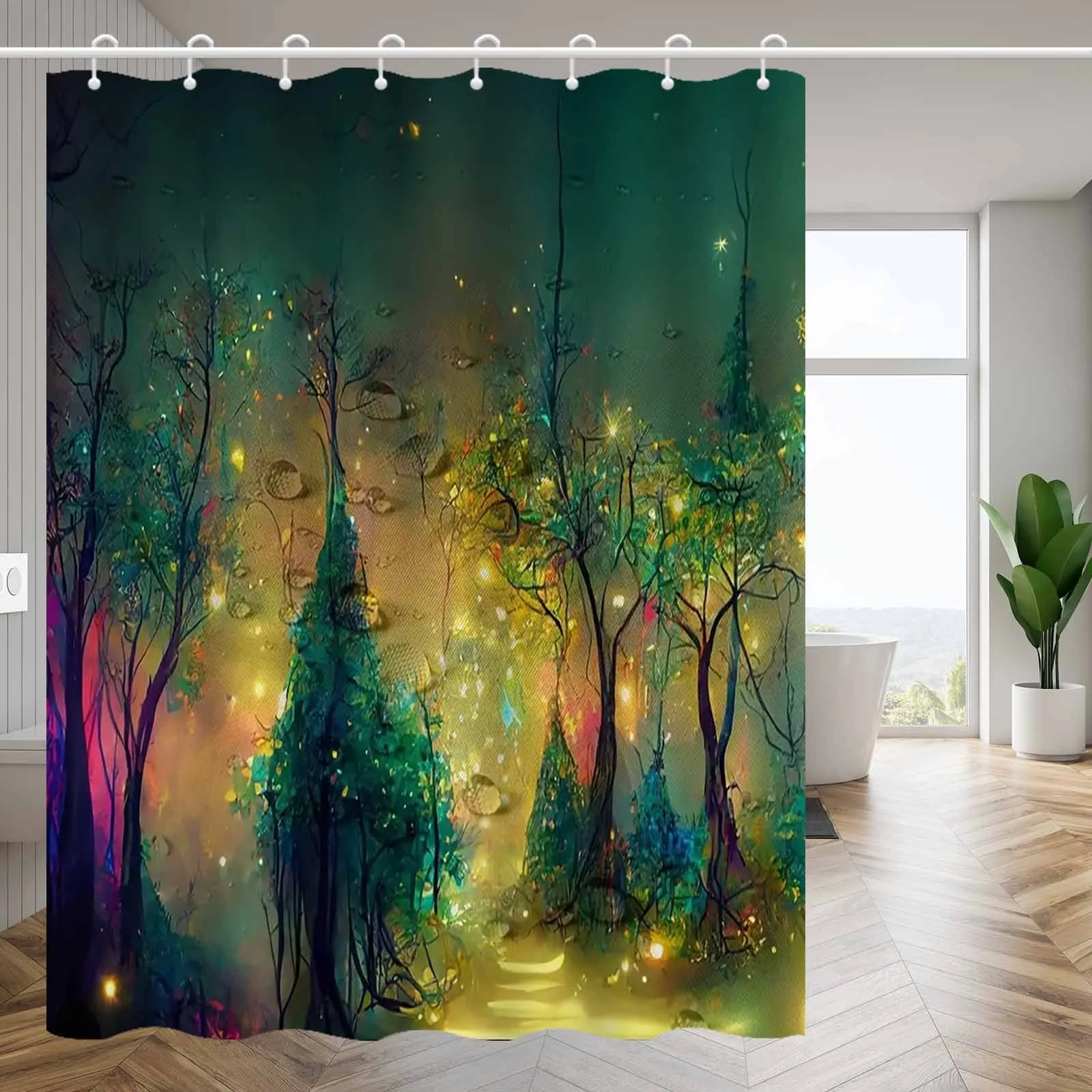 JIT1P Oil Painting Artistic Fluorescent Forest Shower Curtain, High-end Elegant and Anti Fog Bathroom Curtain, Multifunctional C