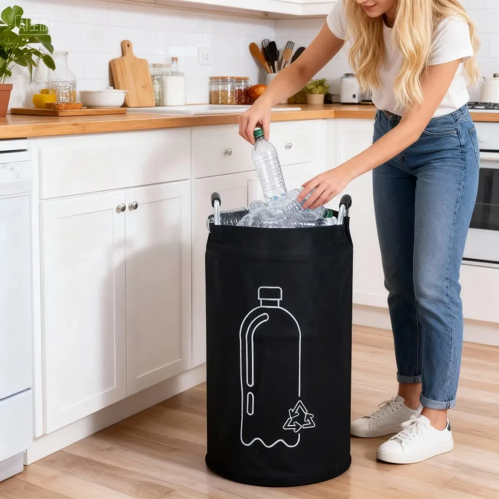 Cesto de Lixo Extra Grande para Reciclagem, em Tecido Não Tecido, com Alça de Alumínio, Dobrável e Impermeável, para Organização de Lixo na Cozinha