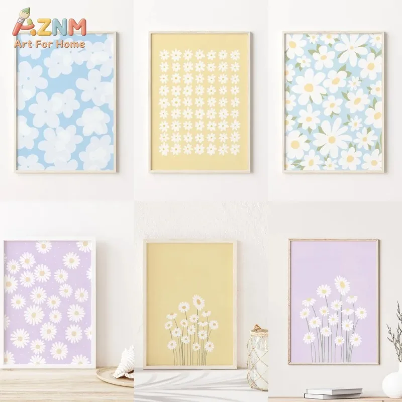 Pastel Gallery Wall Art Set Minimalist White Floral Canvas Poster Light Blue Purple Yellow Flower Print Bedroom Apartment Decor