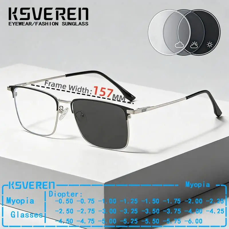 

Large 157MM Alloy Photochromic Myopia Glasses Wide Face Men Business Prescription Nearsighted Glasses Sun Color Changing Eyewear