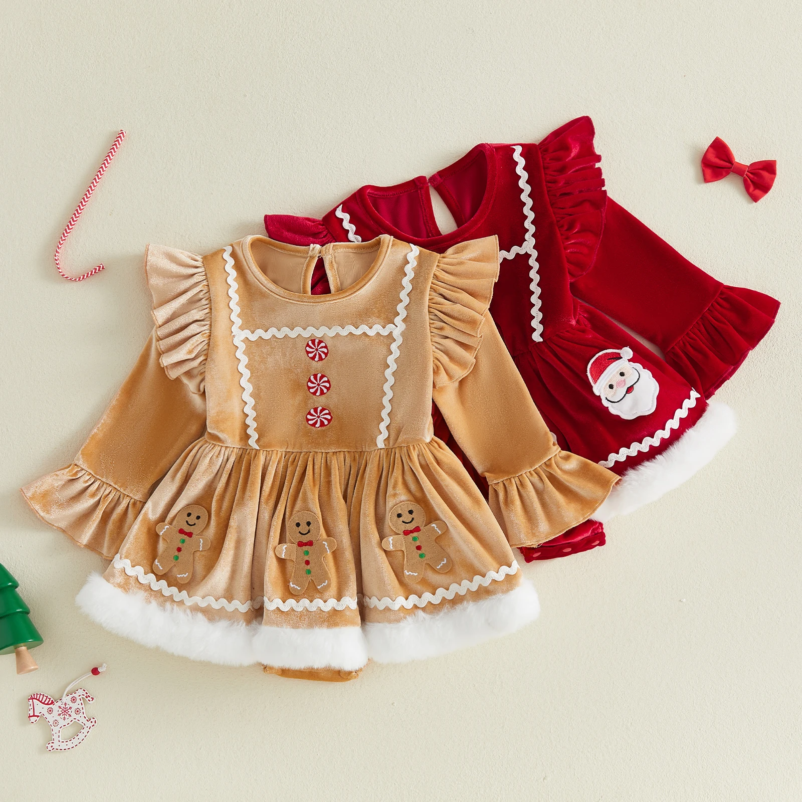 Baby Girl Christmas Romper Dress Santa Claus Embroidery Velvet Bodysuit with Headband Xmas Costume