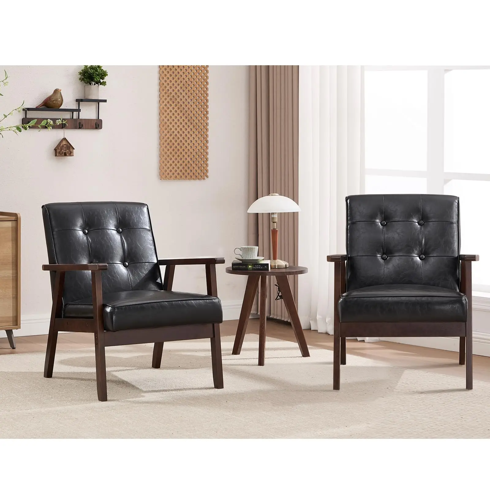 Mid Century Modern Accent Chairs Set of 2, Tufted Fabric Armchair with Solid Wood Frame, Comfy Retro Side Chair Reading