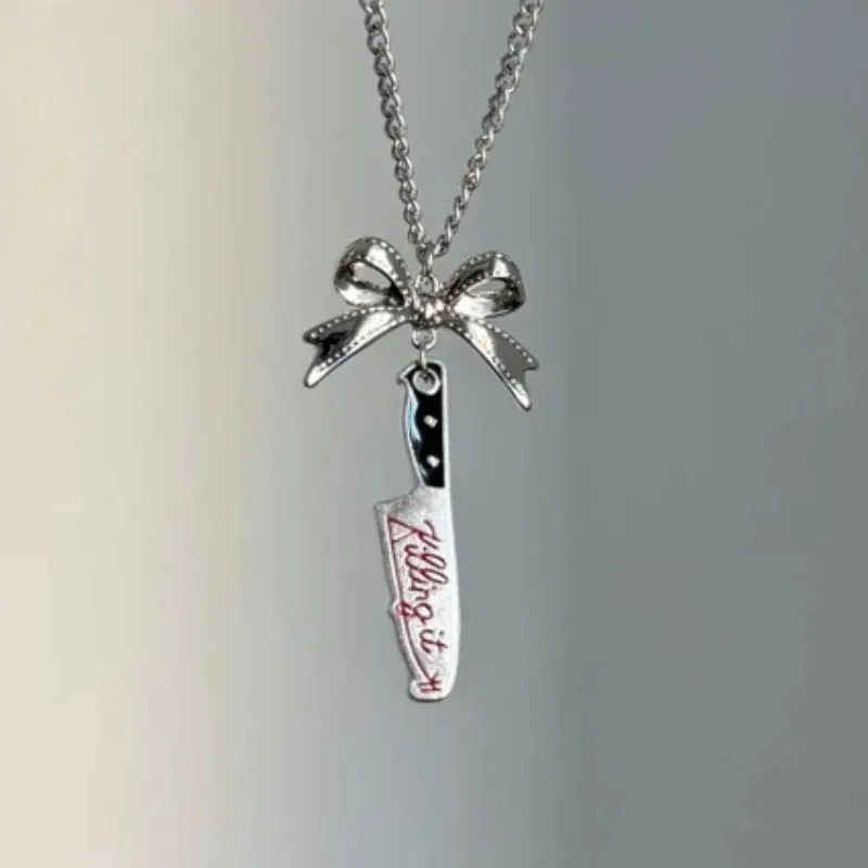 Dark Gothic Punk Bow Stiletto Simulation Tool Pendant for Ladies Y2k Party Jewelry Cool Hip Hop Necklace Earrings 2026 Best Gift