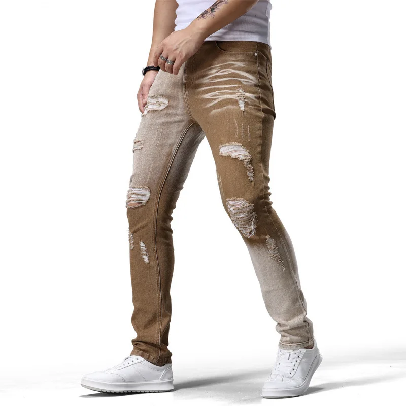 Distressed Men's Pants Retro Nostalgic Color Block Design Jeans Trendy Street Style Colorful Stylish Skinny Pants