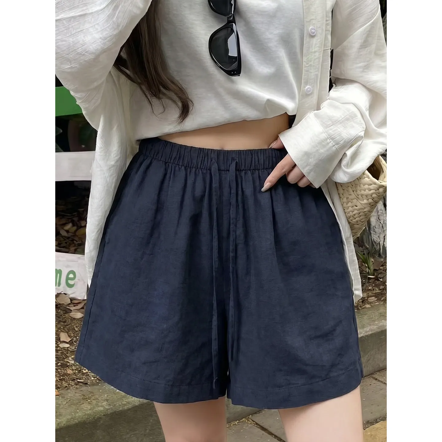 Casual Cotton Linen Short Pants Women's Summer New Loose Fit Lightweight Loose Waist High Waist Wide Leg Pants for Ladies