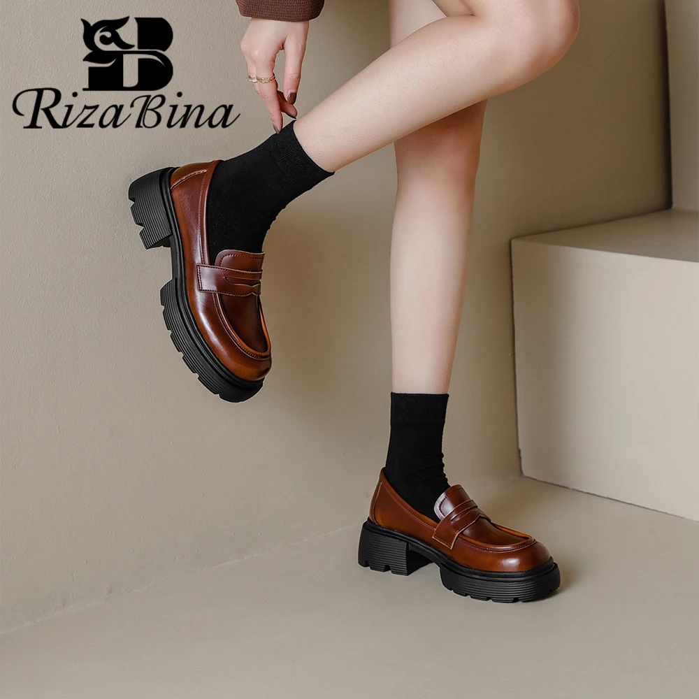 

RIZABINA Women Platform Loafers Block Chunky Heel Round Toe Slip On Shoes Ladies Mixed Color Office Flats Handmade 2024 Spring