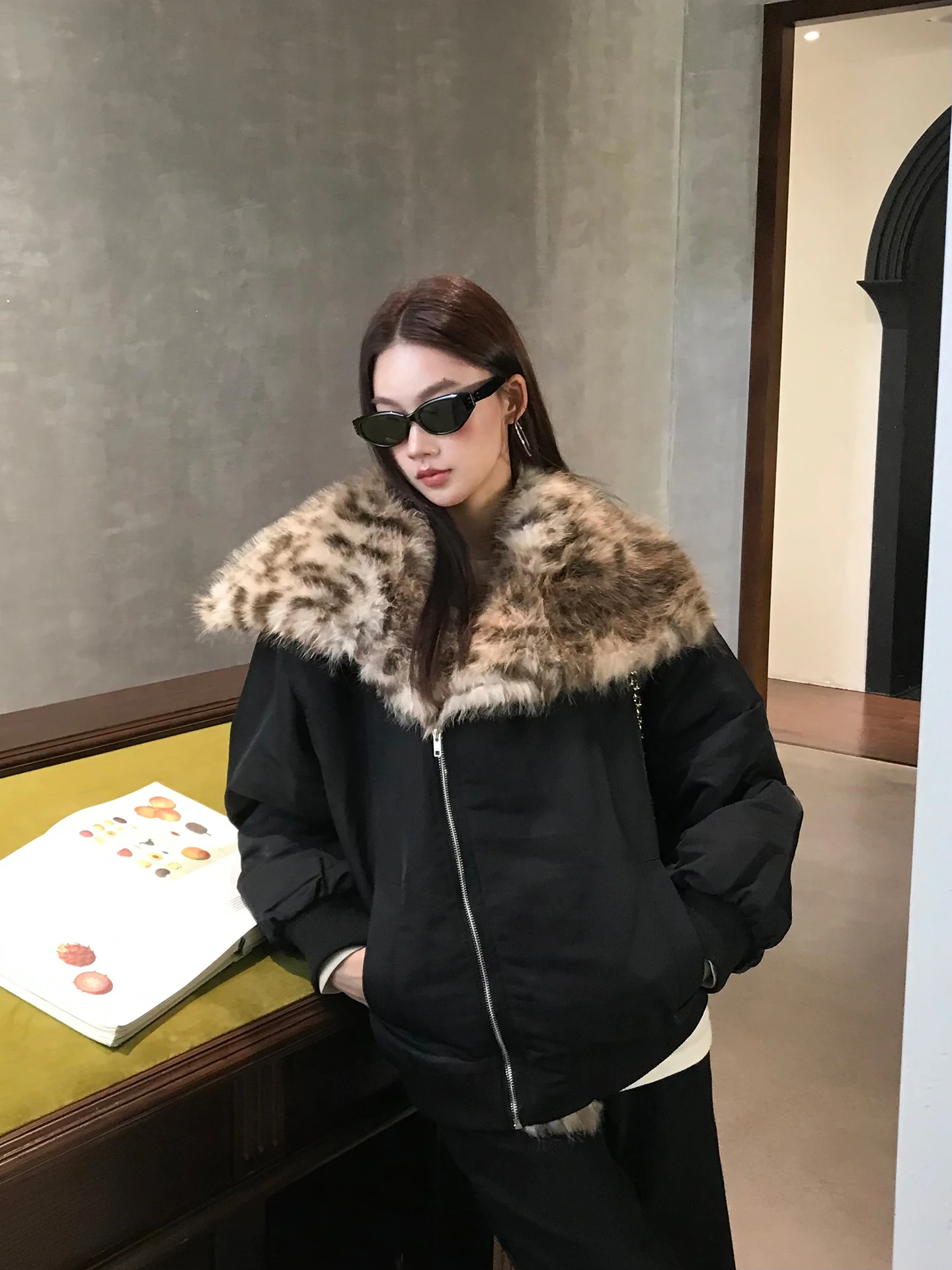 

Red Celebri ort Baseball Jaet Women's Autumn Winter New Sle Fur Collar Bla Warm Korean Sle Cotton Coat Straight Tube