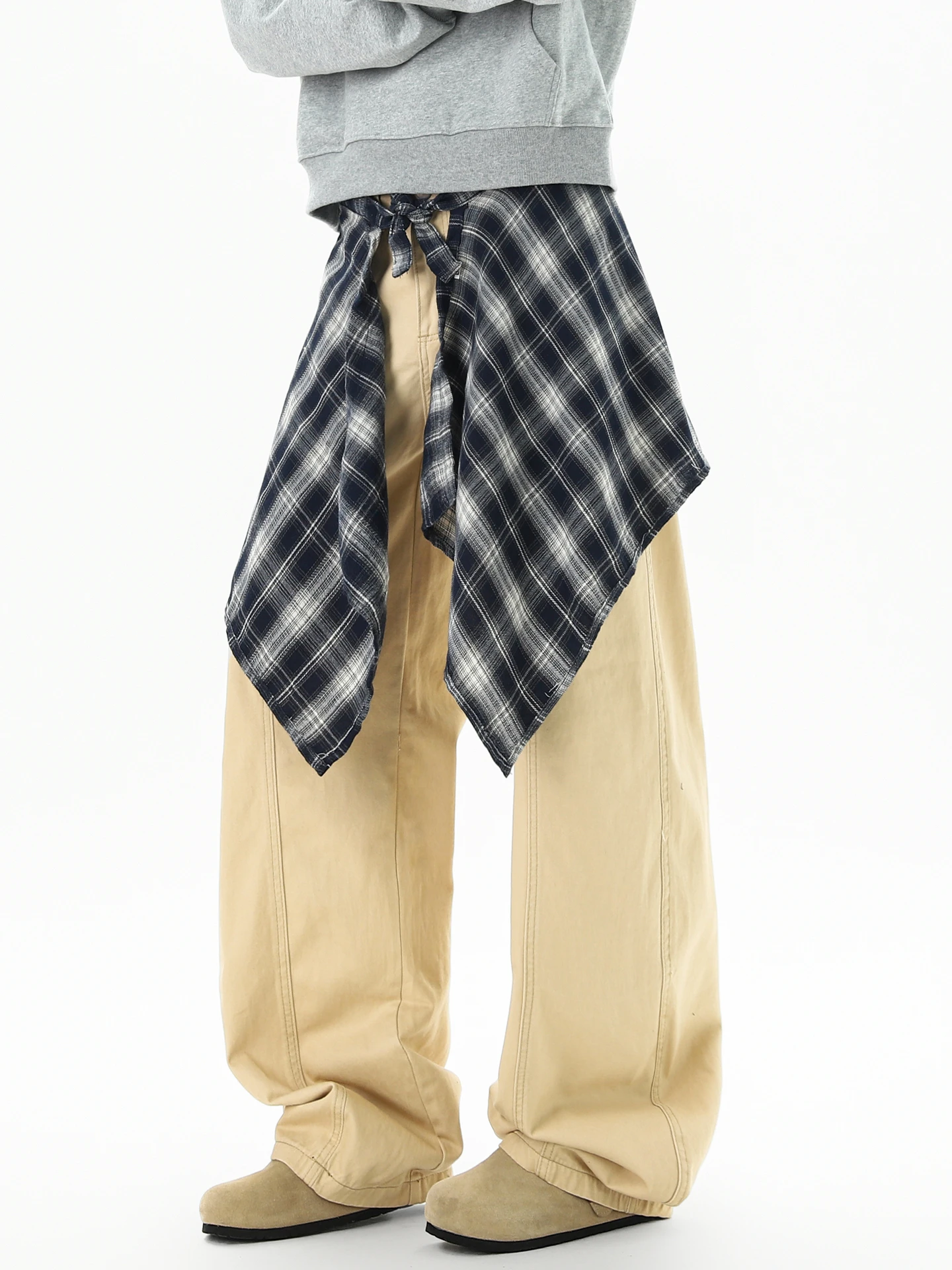 

American Retro Plaid Work Pants Loose Straight Leg Men's Casual Brand Wide Leg Casual Long Trousers Wear Resistant Cotton