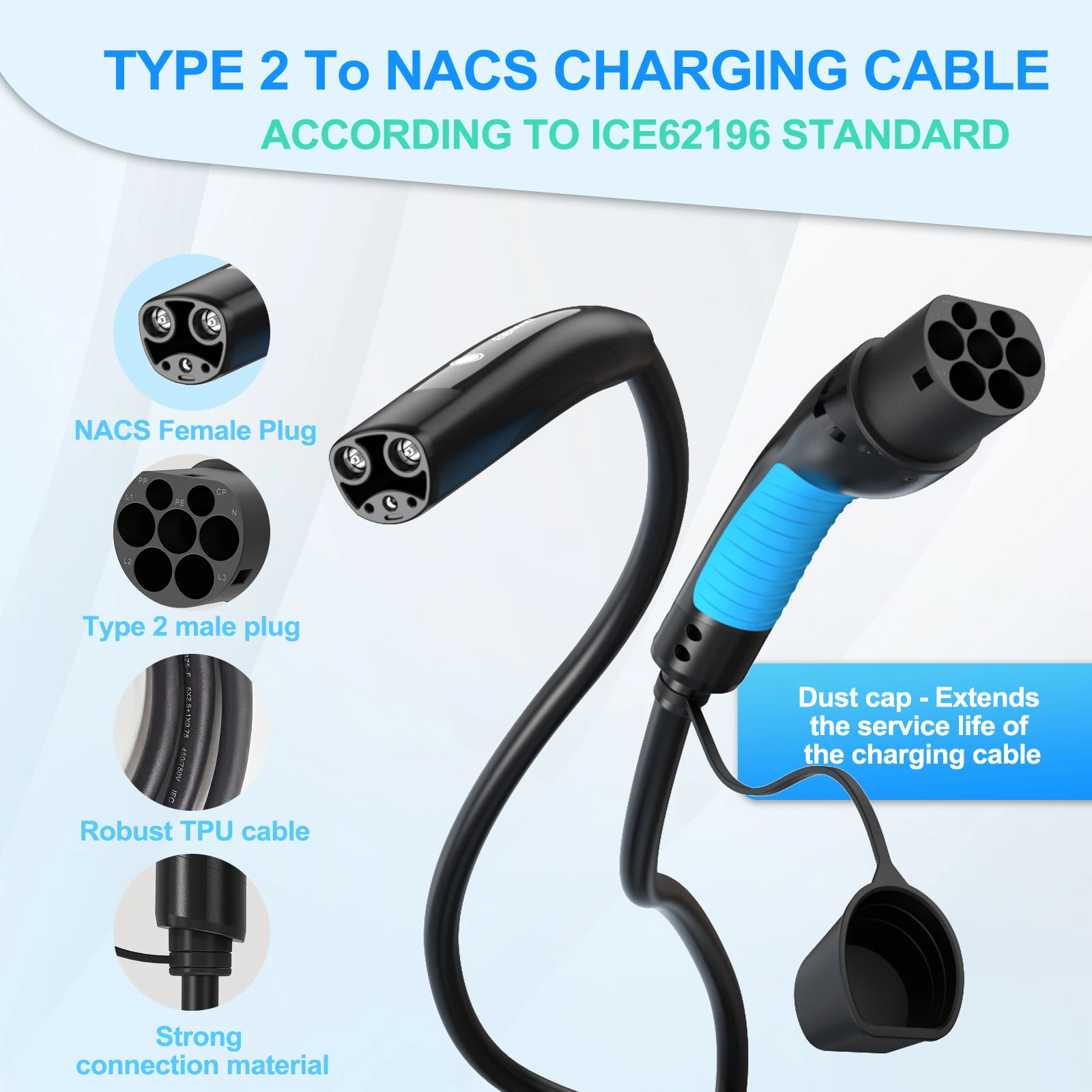 EVDANCE Tesla Charging Cable Type2 to Tesla NACS Plug 32A 7.36Kw 6m EV Charging Accessories Compatible with IEC 62196-2 Chargers