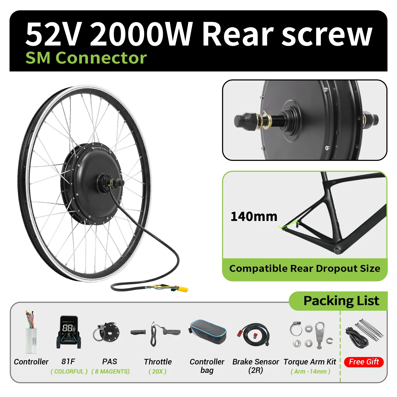 ESOULBIKE E-bike Ombouwset 72V 3000W 52V 2000W 48V 1500W 1000W 500W E-bike Achtercassette 36V 250W Voorwiel Naafmotor MTX