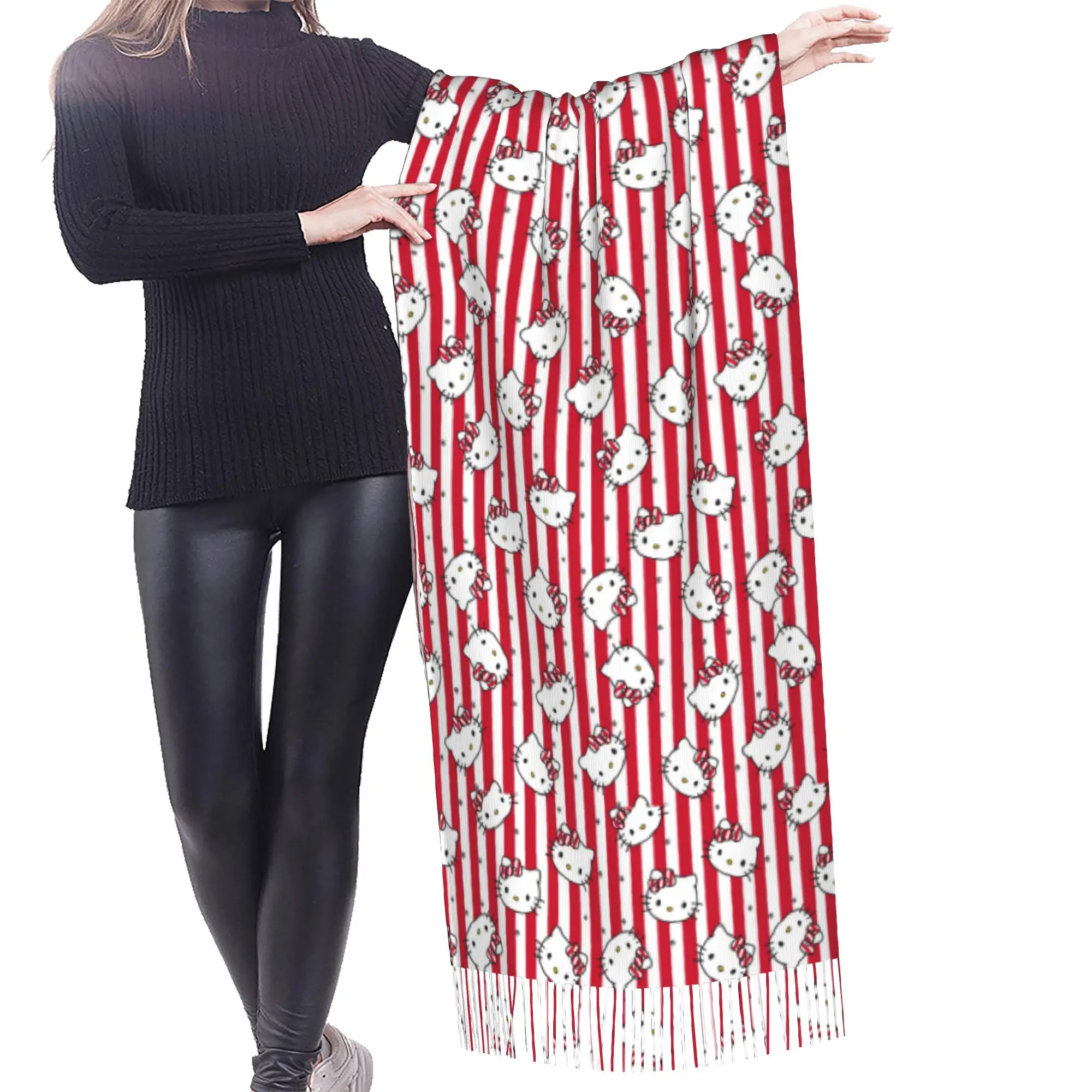 Custom Kitten Cat Cartoon Scarf Wrap Women Long Winter Warm Tassel Shawl Unisex Anime Scarves