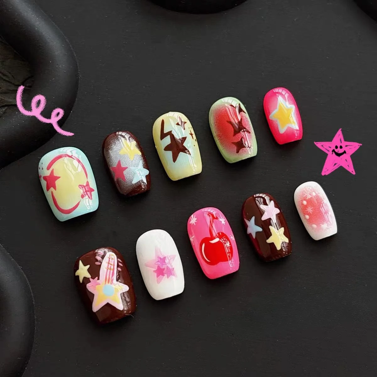 

New Handmade Chocolate Stars Hand Painted Wearing Nail Art Cartoon Sweet Cool Babes Y2K Color Dopamine Press on Nails