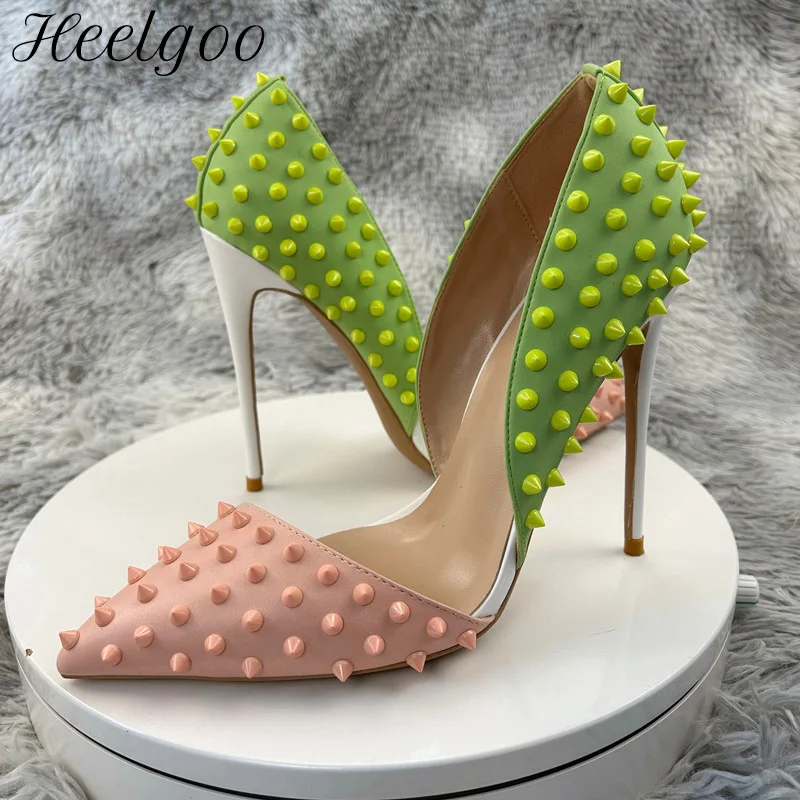 

Heelgoo Green Pink Matte Patchwork Stiletto Pumps Women Sexy Side Cut D'Orsay Pointy Toe High Heel Spikes Shoes Customize