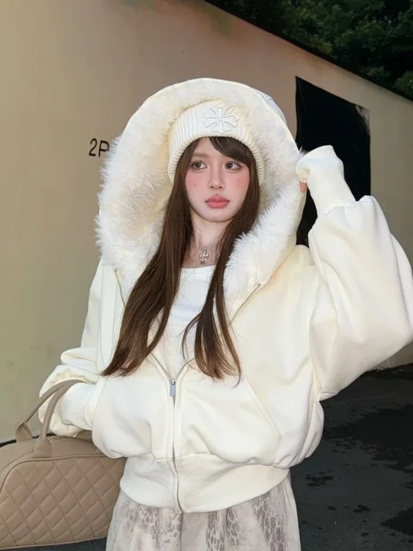 

Thiened Fce Hooded Jaet White Fur Collar ort Casual Warm Top for Daily Wear Winter 2025 Women's Sweatirt Coat