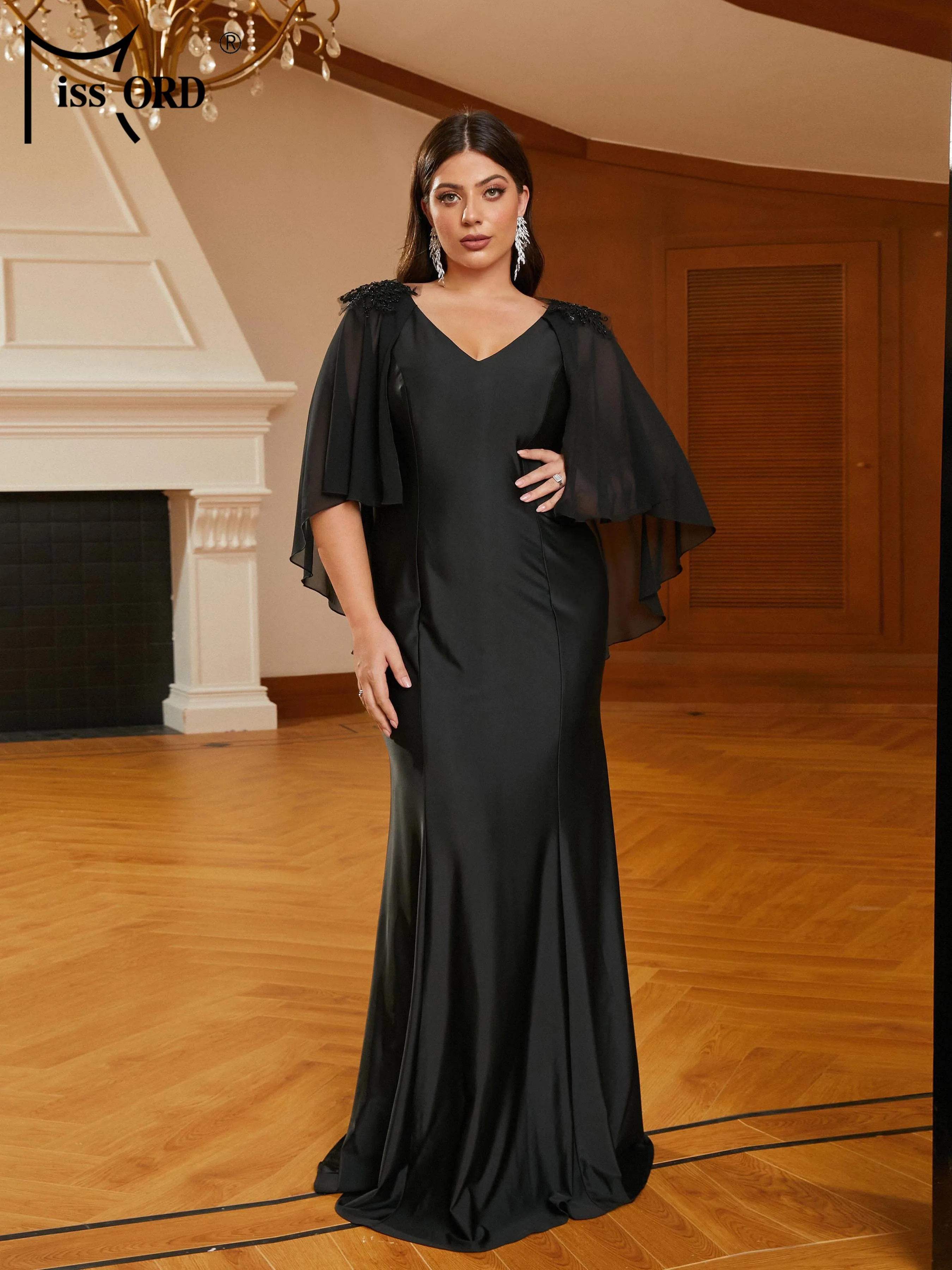 

Missord New Plus Size Batwing Sleeve Black Mermaid Prom Evening Formal Occasion Dresses