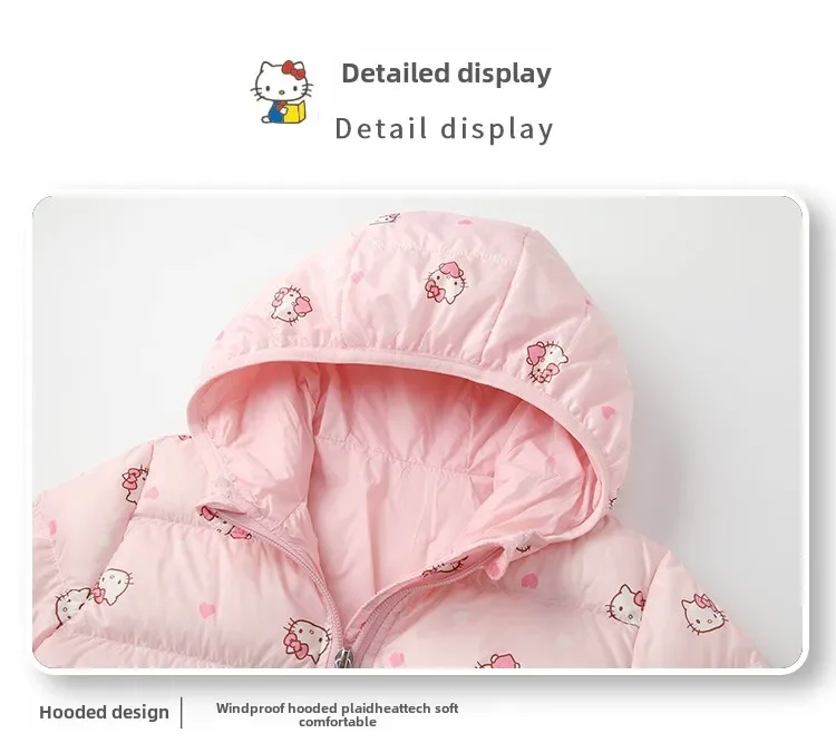 HelloKitty Winter New Arrivals Printed Lightweight Down Jacket for Girls Hood Waterproof Windproof and Anti-Pilling Girls Coat