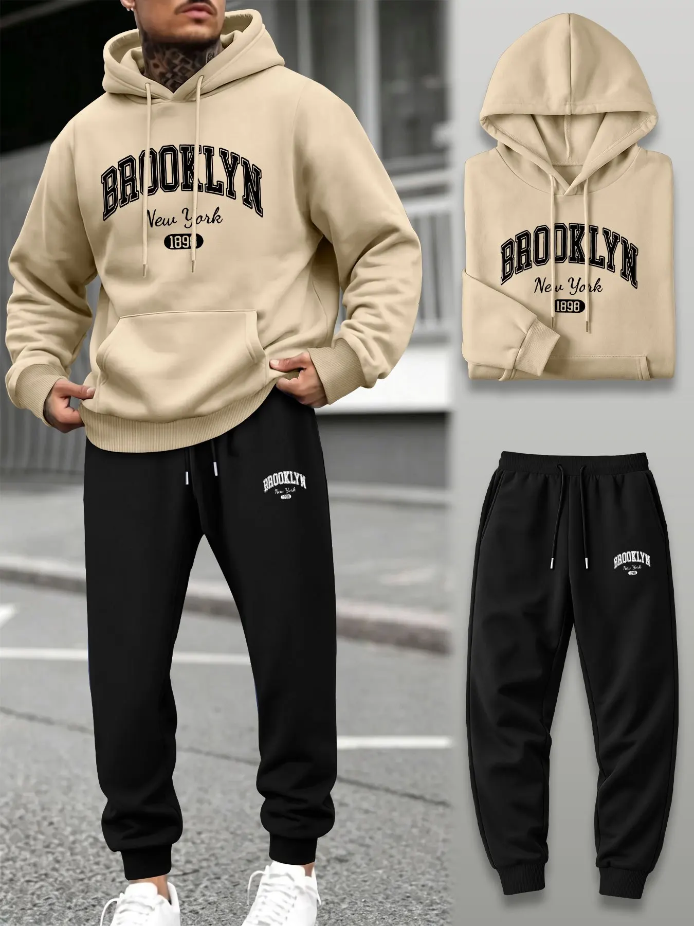 Men 2 Piece Tracksuit Hoodie Jogger Pants Set Loose Sport Streetwear Outfit Gym Training Autumn Winter Daily Wear Set view 4