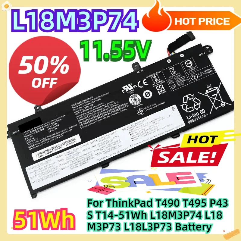 

For ThinkPad T490 T495 P43S T14-51Wh L18M3P74 L18M3P73 L18L3P73 Battery
