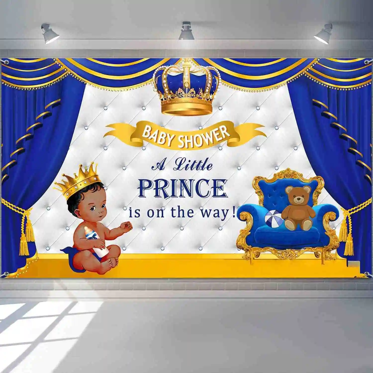 

Blue Vinyl Backdrop for Baby Shower Party A Prince is on the Way Photostudio Background Props for Gender Reveal Supplies