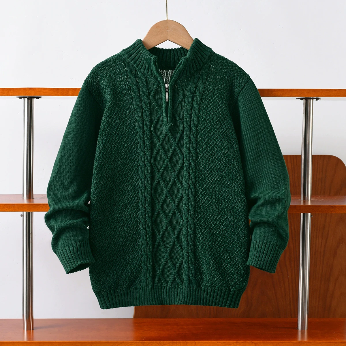 Boys' College Style Solid Color Fried Dough Twists Half Zip Sweater Knitted Pullover Suitable for School Leisure Spring Autumn