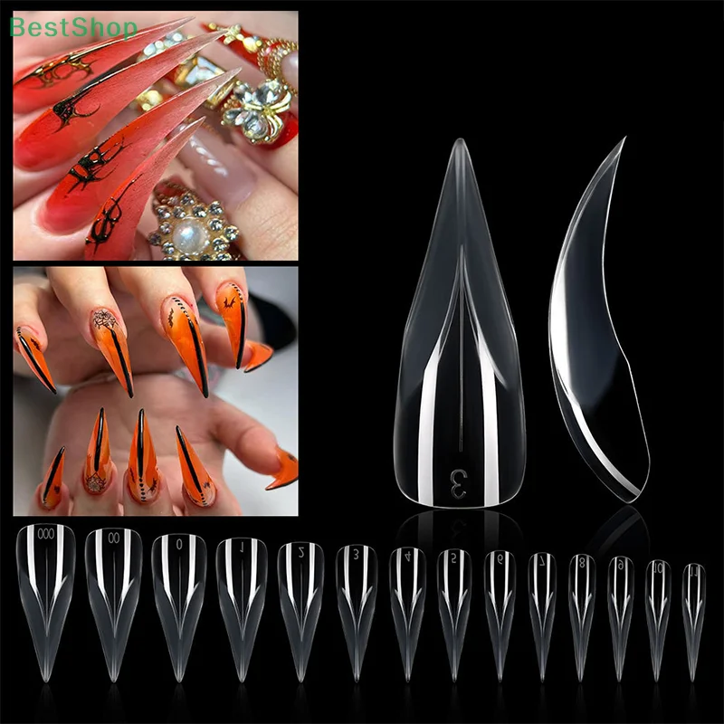 ♥ Extension d'ongles Stiletto court et incurvé, double forme, griffe de chat 3D, acrylique sculptural, moules à couverture complète, 70/140 pièces