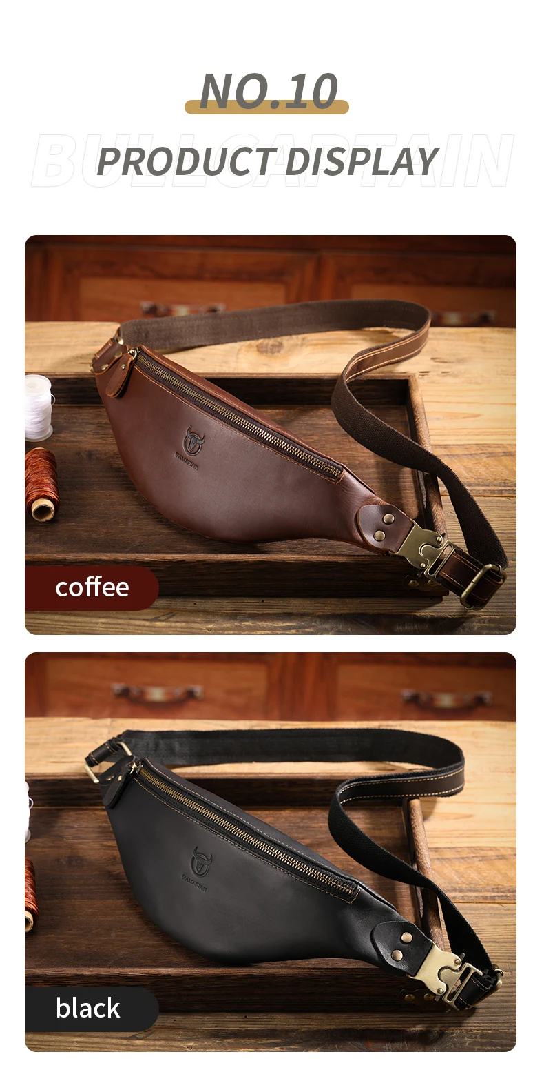 BULLCAPTAIN Herren-Gürteltasche aus Crazy Horse-Leder, klassische Retro-Umhängetasche, Aufbewahrung im Freien, Bergsteigen, Handytasche – Detail 12