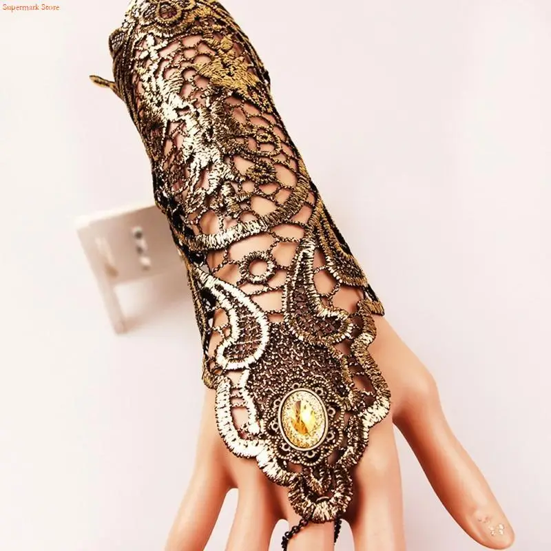 Q5WE Gothic Lace Fingerless Glove Lace Cuff Fingerless Gold Gloves Steampunk Wristband Ring Black Gold Gift for Engagement