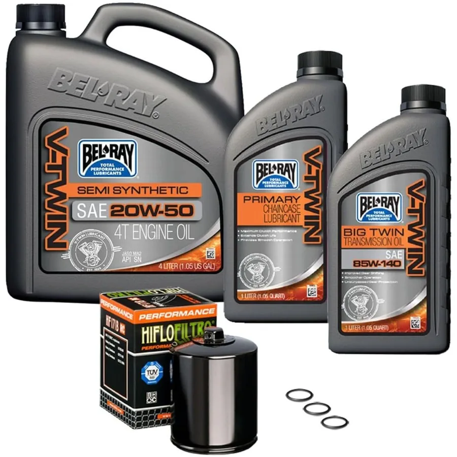 

Semi-Synthetic Engine Transmission and Primary Oil Change Kit for Harley Davidson Motorcycles 1999-2017 Twin Cam Models with Bl
