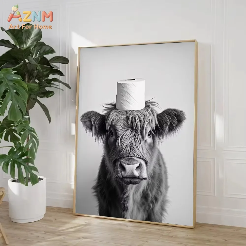 1PC, Highland Cow Otter Cat Raccoon with Toilet Paper Poster Print Canvas Painting Bathroom Wall Art Funny Humor Home Decor view 4