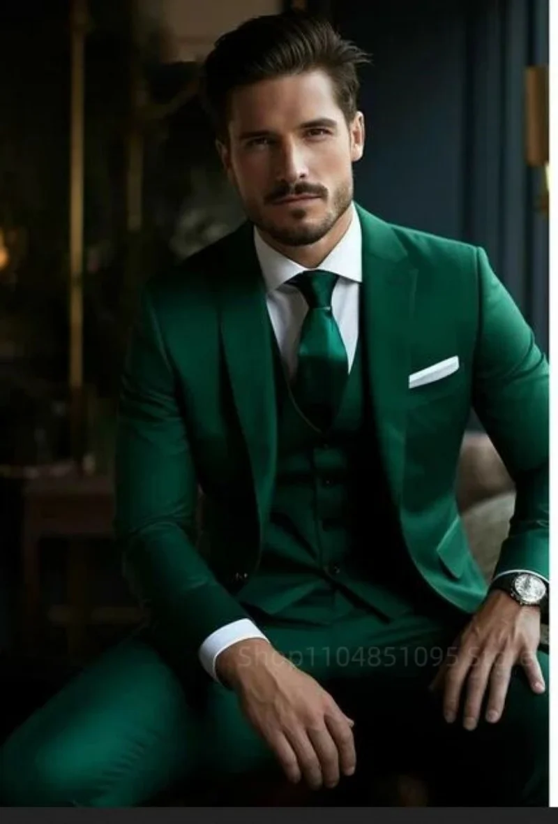 

3 Pcs Classic Green Men's Suits Slim Fit Formal Wedding Groom Prom Dress Costume Blazer Vest Pants Sets Homme Terno Masculino